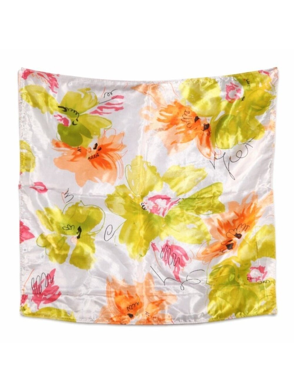 Green Orange Floral Satin Scarf 20x20 Hair Neck Head Wrap